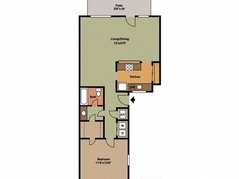 Floor plan for 1 bed, 1 bath, 891 sqft